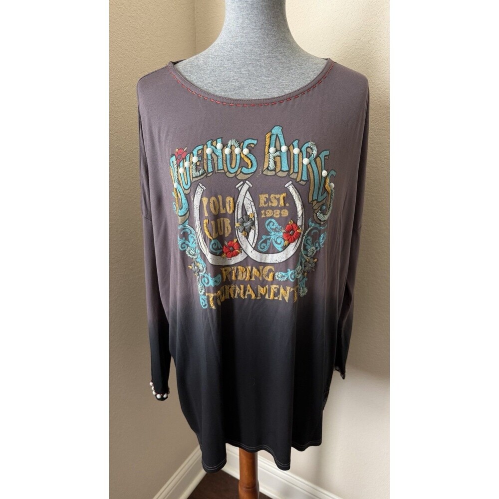 Double D Ranch Size Large Gray Ombre Buenos Aires Embroidered Long Sleeve Tee